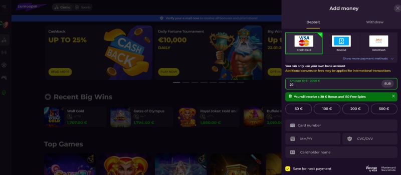 Hoe storten bij Zumospin Casino